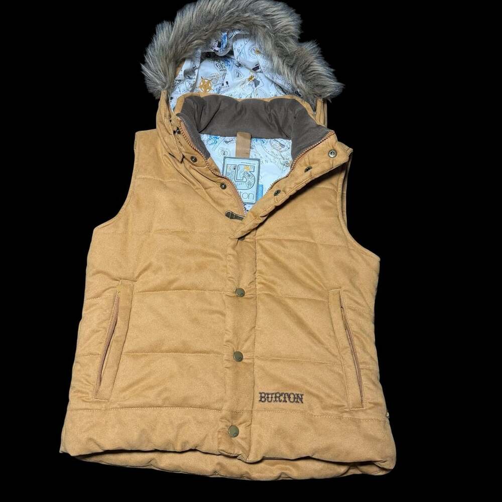 Burton Brown Quilted Suede Faux Fur Hooded Puffer Vest Size S